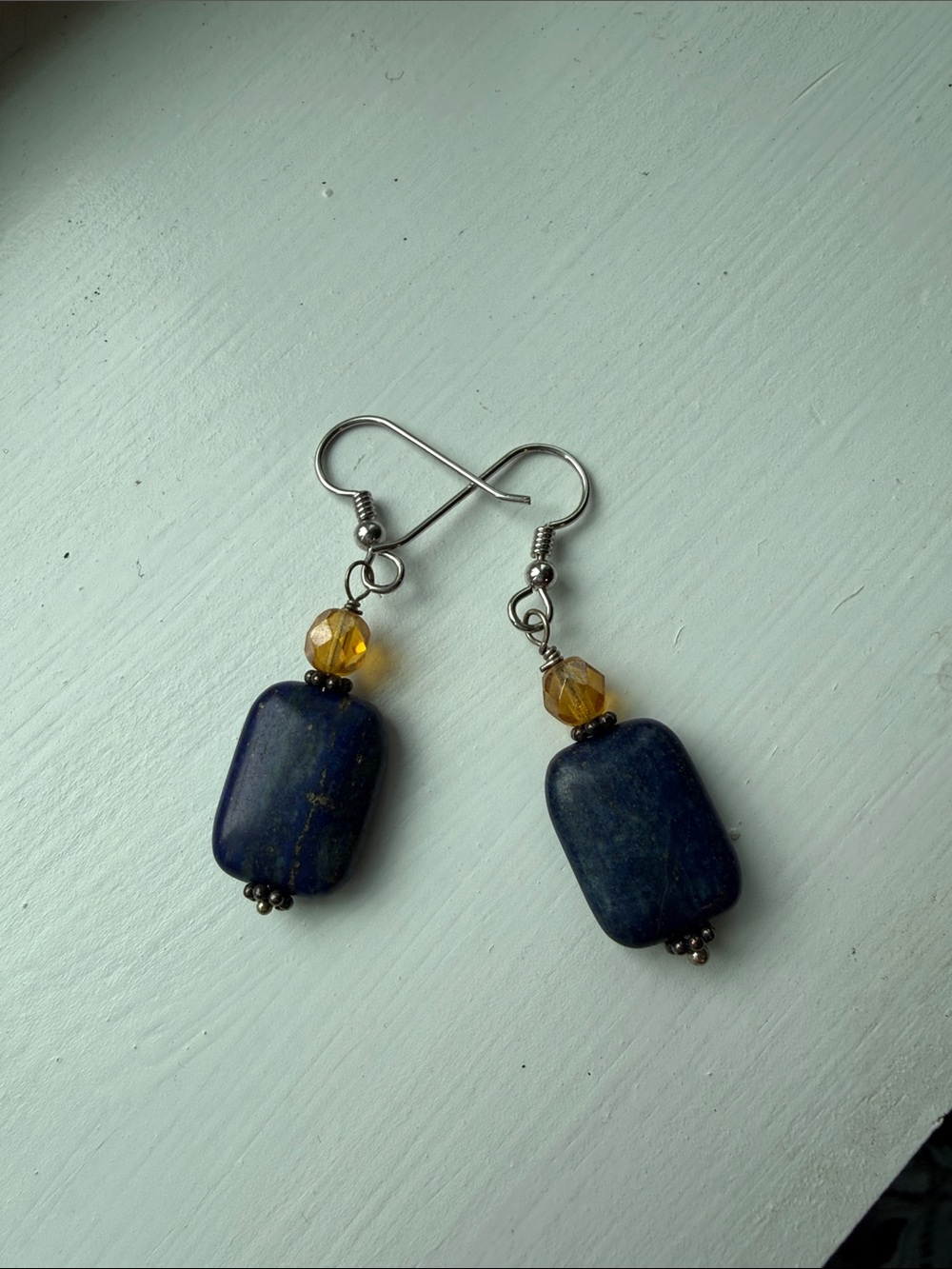 Handmade Blue Lapis & Amber Glass Bead Drop Earrings